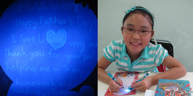 JasmineL composing her invisible Father's Day message and, at left, what she wrote.